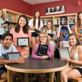 Librarian Carolyn Foote with some of her students.