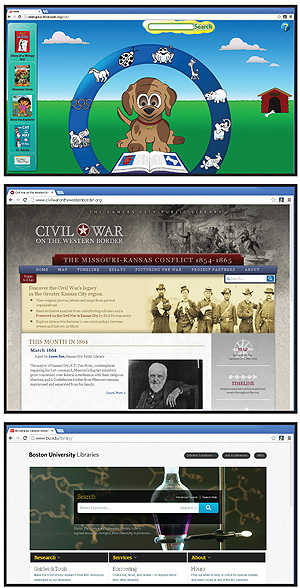 LANDSCAPE DESIGNS (from the top), TLC’s LS2kids OPAC;  VTLS helped KCPL build a Civil War website using linked data;  Boston University was an early partner with Ex Libris’s Alma