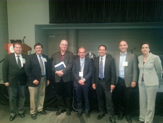 (l-r) Brian Downing, CEO of Library Ideas; Steve Potash, president and CEO of OverDrive; Rich Freese, president and CEO of Recorded Books; Jeff Jankowski, VP and co-owner of Midwest Tape; George Coe, president and CEO of Baker & Taylor; Matt Tempelis, global business manager for 3M Library Systems; and Rebecca T. Miller editorial director for Library Journal and School Library Journal.